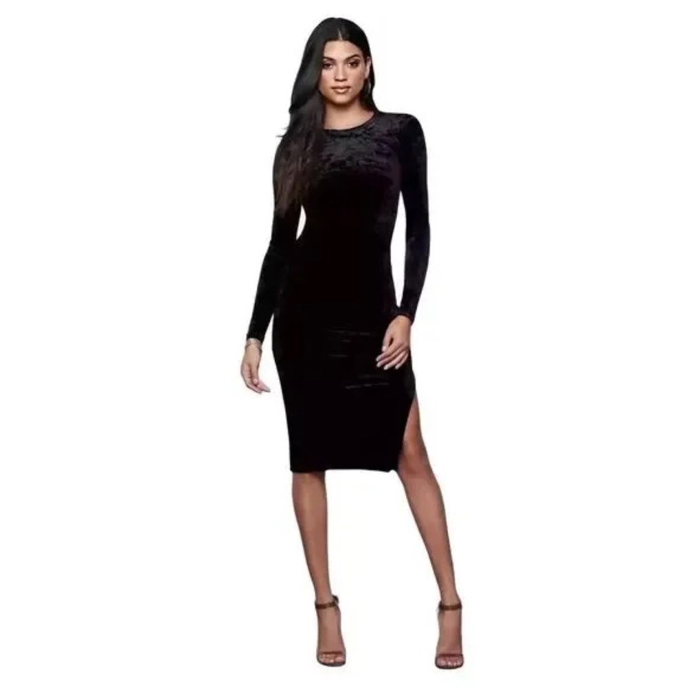 Good American Black Velvet Midi Bodycon Side Slit Dress Size 3 L NWT